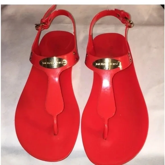 Michael Michael Kors MK Sz 6 Plate Jelly Toe Post Sandals Coral Reef Red Orange - Picture 5 of 7